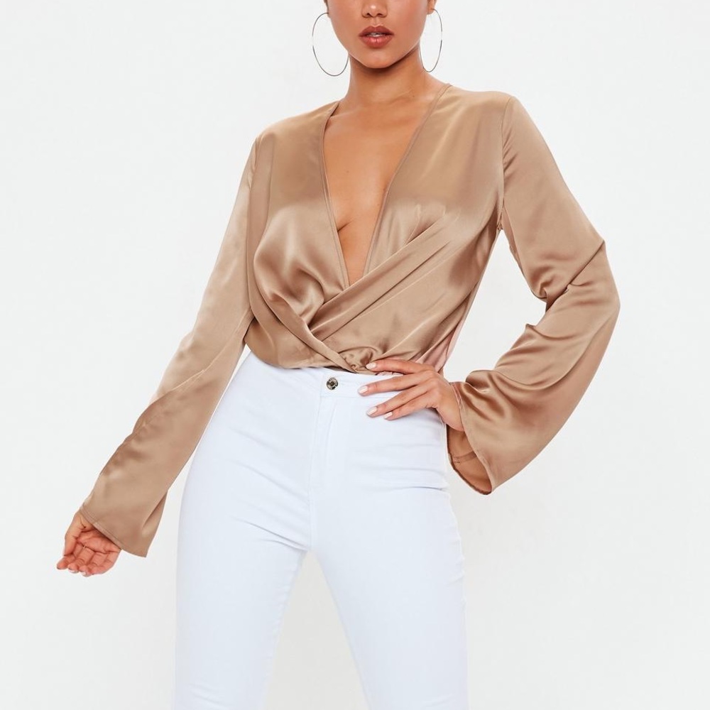 petite nude satin drape plunge bodysuit